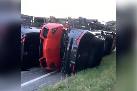 Supercars in super crash as transport truck topples over
